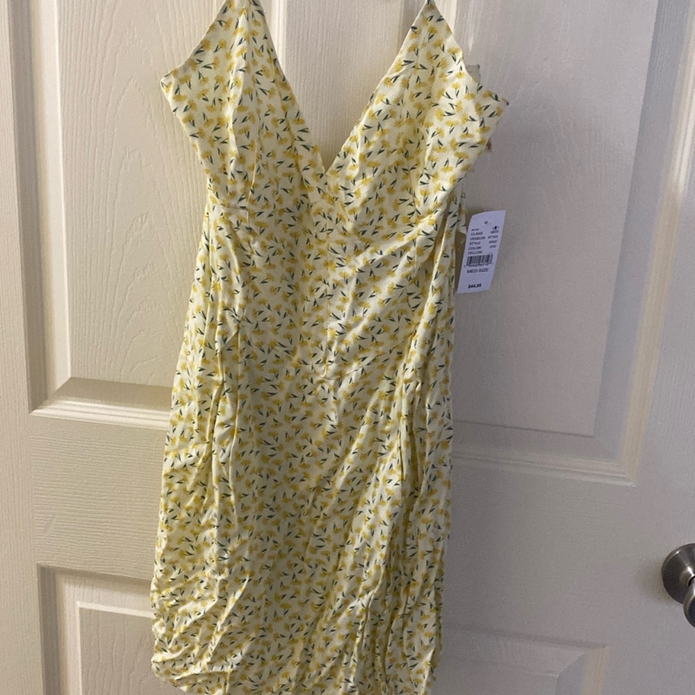 Flower printed yellow mini dress tie up back